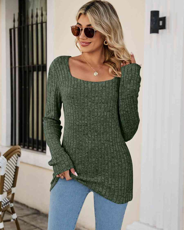 Square Neck Ribbed Long Sleeve T-Shirt