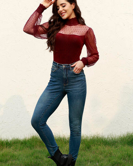Mesh Long Sleeve Velvet Bodysuit