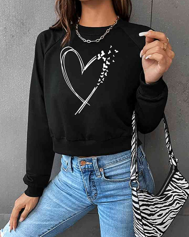 Round Neck Raglan Sleeve Heart Graphic Sweatshirt