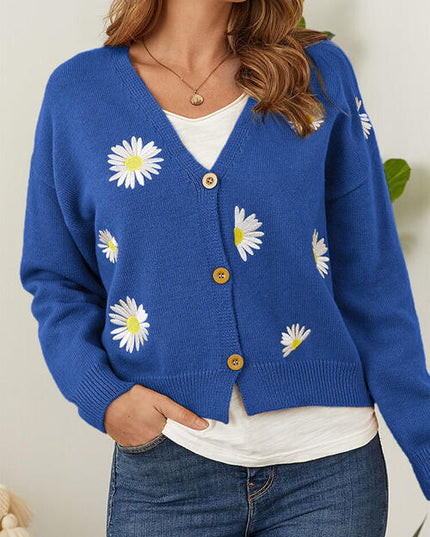 Flower Button Front Dropped Shoulder Cardigan