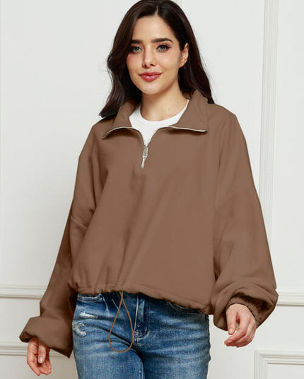 Half-Zip Collared Drop Shoulder Fleece Sweatshirt