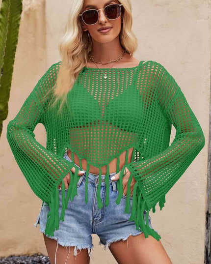 Tassel Hem Openwork Long Sleeve Cover Up