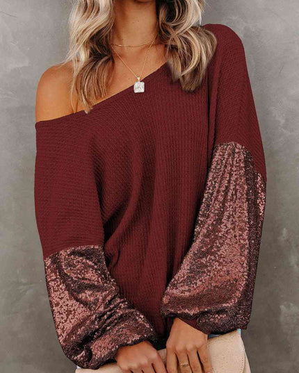 Sequin Waffle-Knit Blouse