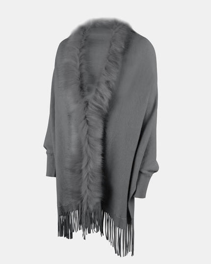 Fringe Open Front Long Sleeve Poncho