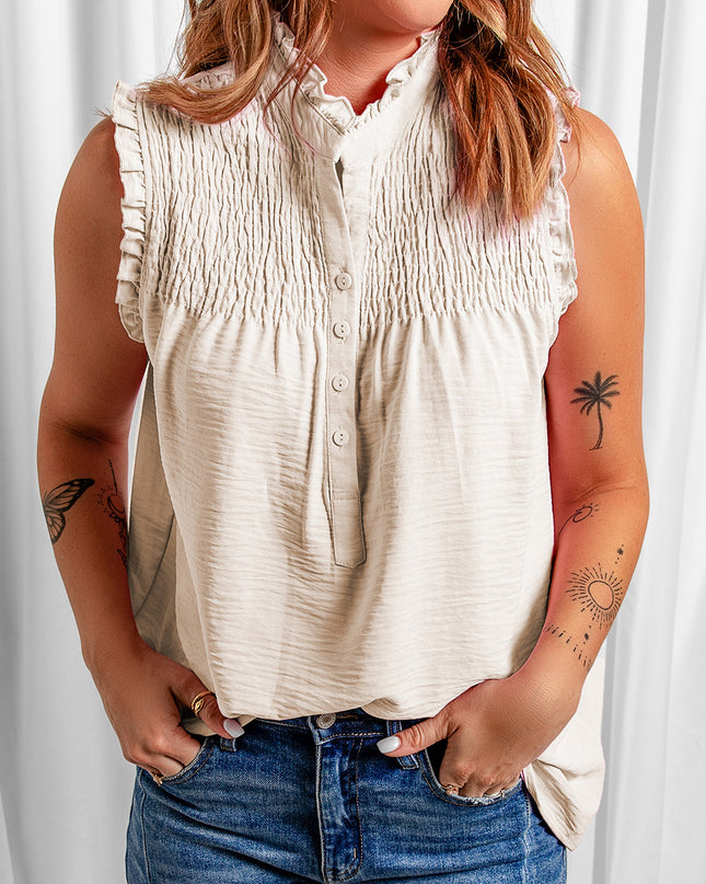 Buttoned Frill Trim Smocked Sleeveless Blouse