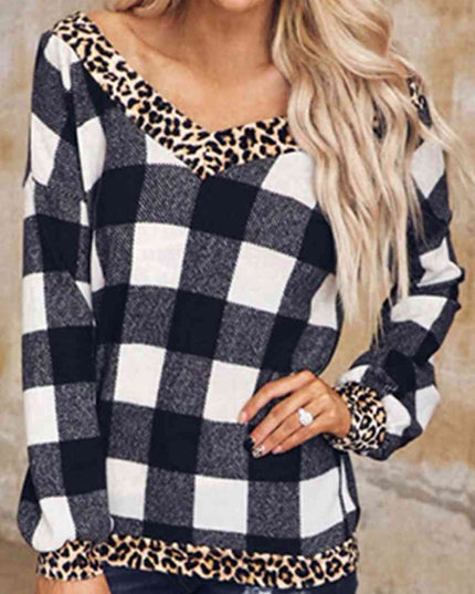 Plaid Leopard V-Neck Sweatshirt