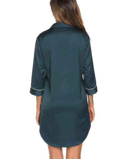 Button Up Collared Neck Night Dress with Pocket