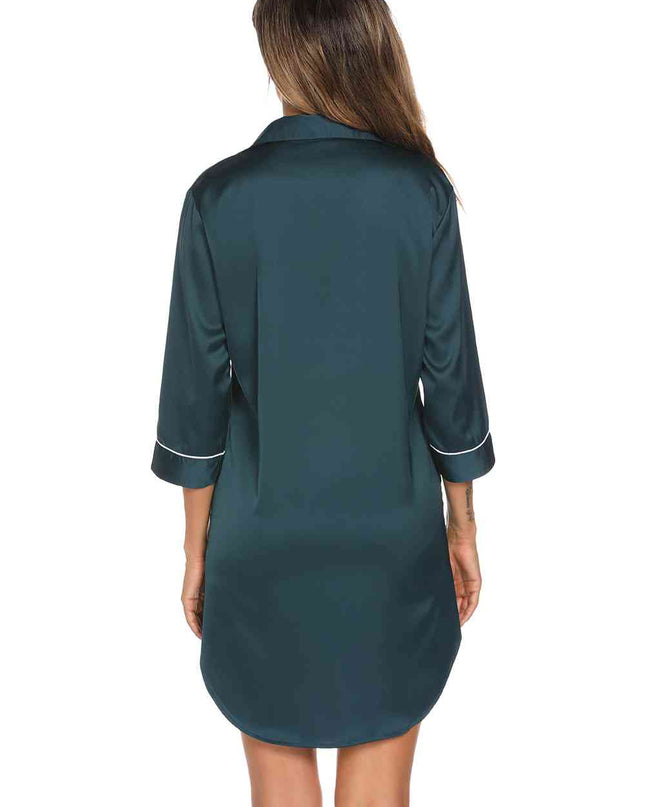 Button Up Collared Neck Night Dress with Pocket