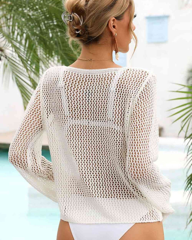 Openwork Scoop Neck Long Sleeve Cover-Up