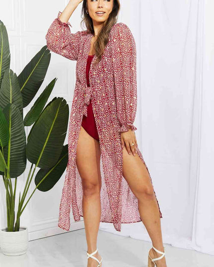 Leopard Tie Waist Flounce Sleeve Cover Up