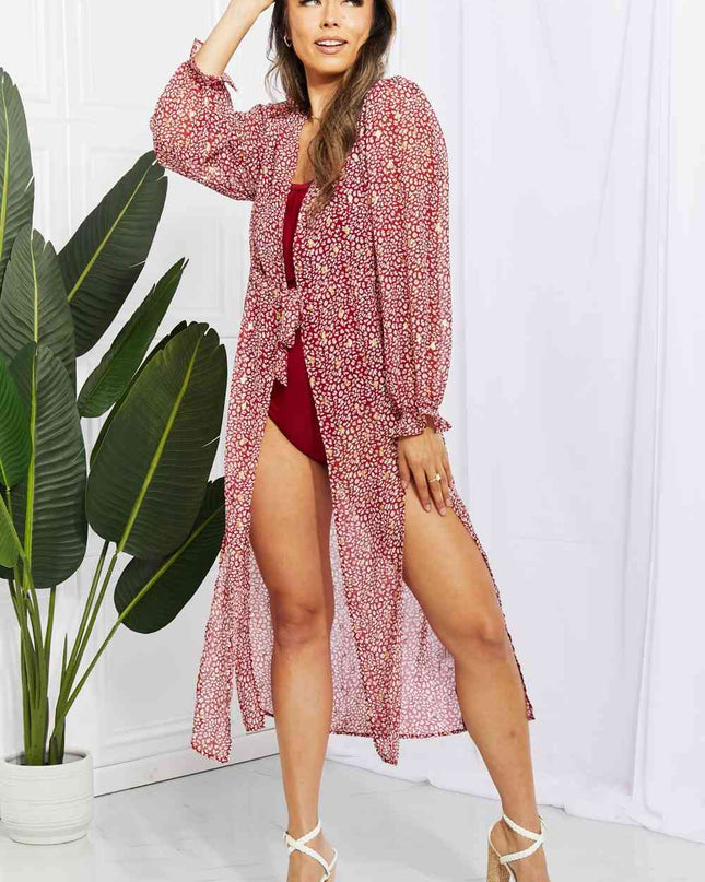 Leopard Tie Waist Flounce Sleeve Cover Up