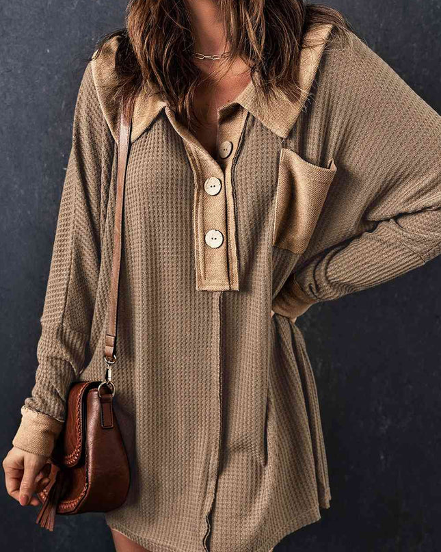 Waffle Knit Buttoned Long Sleeve Top with Breast Pocket