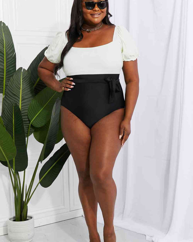 Marina West Swim Salty Air Puff Sleeve One-Piece in Cream/Black