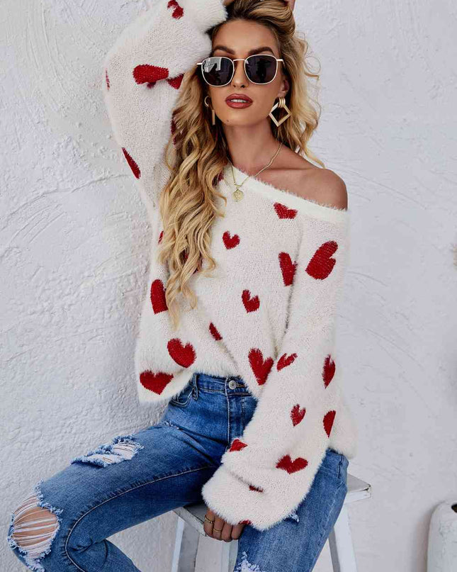Woven Right Heart Print Fuzzy Crewneck Long Sleeve Sweater