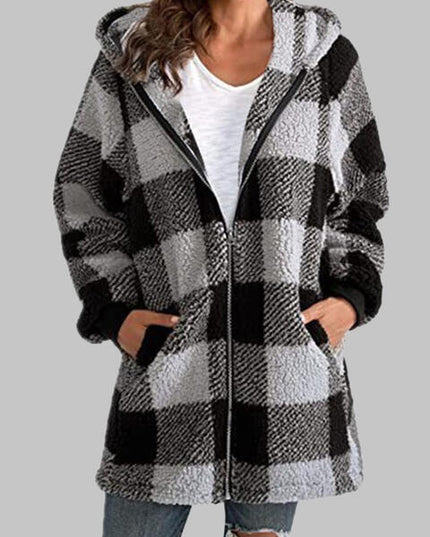 Plaid Zip-Up Hooded Jacket with Pockets