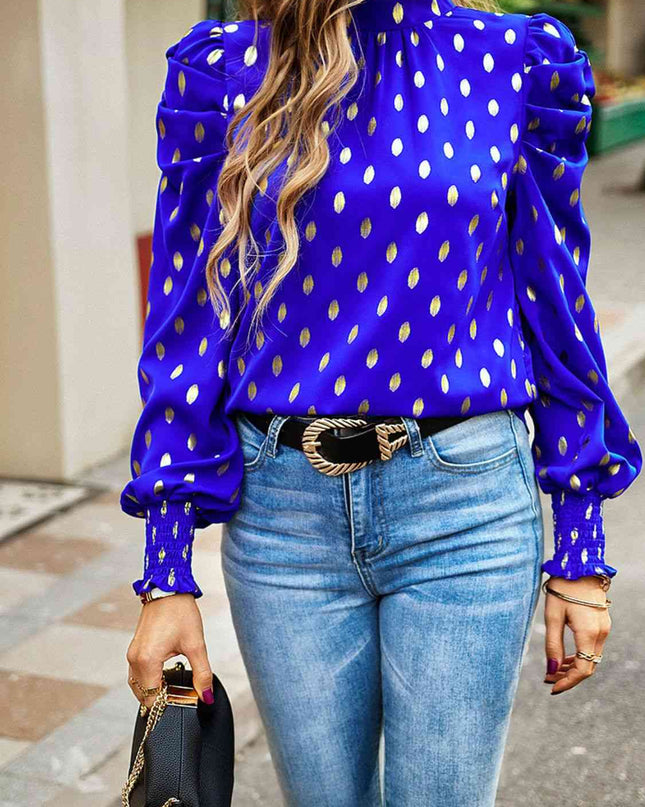 Printed Mock Neck Lantern Sleeve Blouse