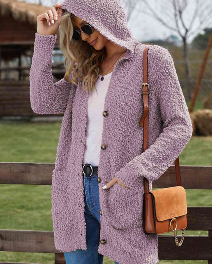 Double Take Popcorn-Knit Long Sleeve Hooded Cardigan