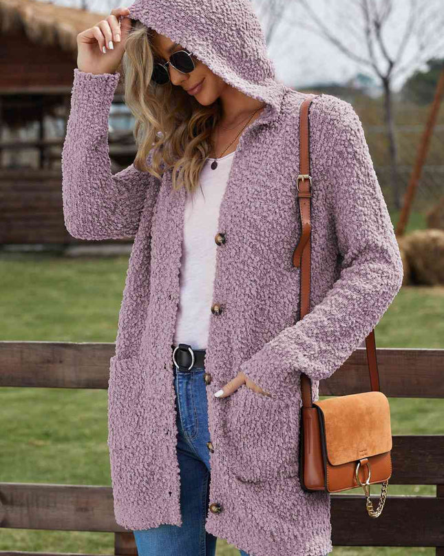 Double Take Popcorn-Knit Long Sleeve Hooded Cardigan