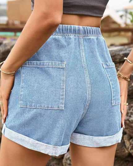 Drawstring High Waist Denim Shorts with Pockets