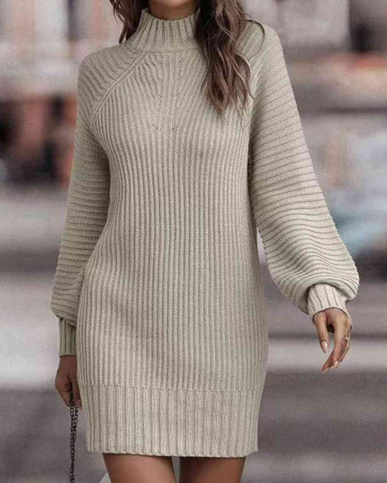 Mock Neck Lantern Sleeve Sweater Dress