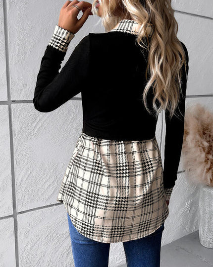 Houndstooth Collared Neck Long Sleeve Shirt