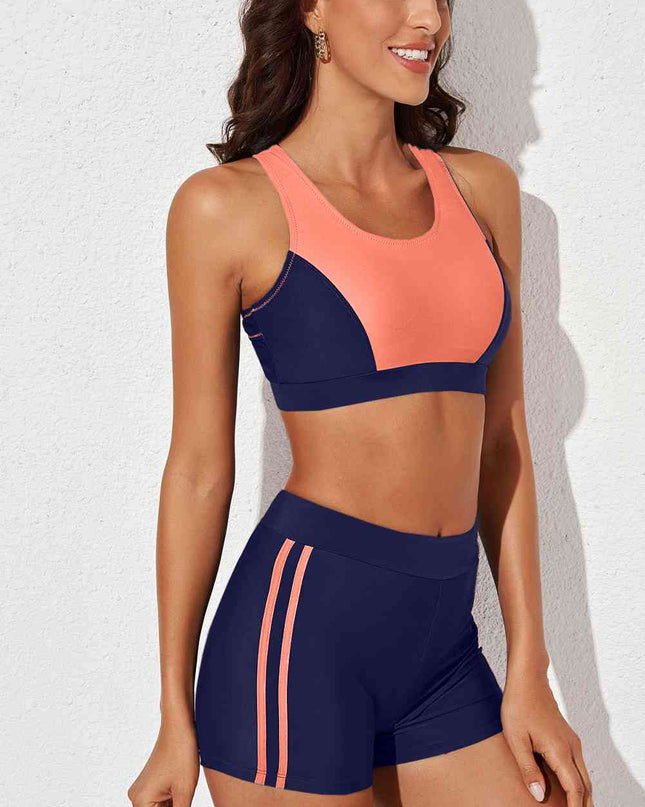 Printed Scoop Neck Back Crisscross Swim Set