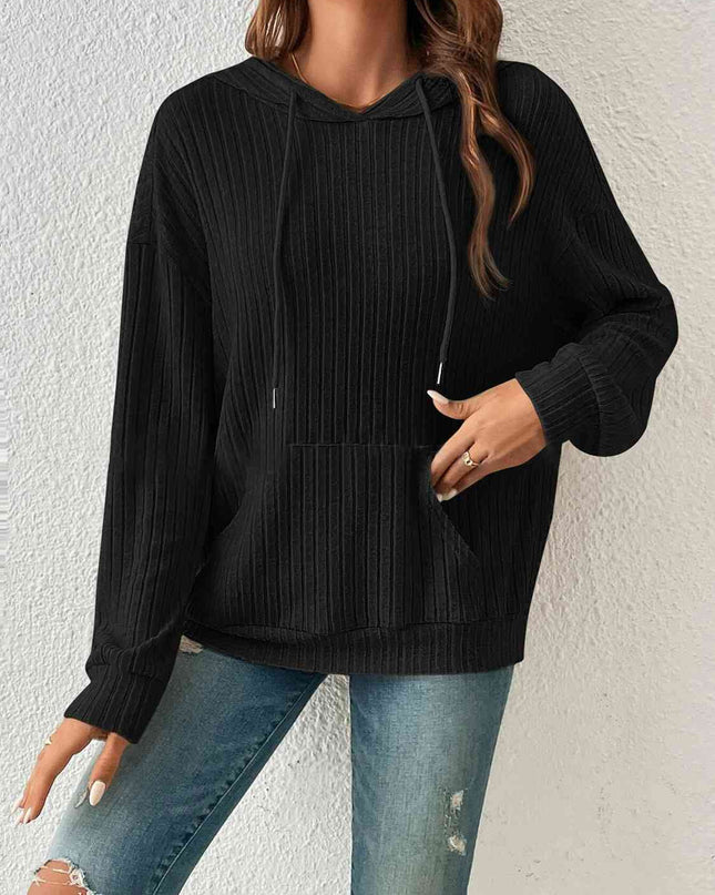 Ribbed Dropped Shoulder Drawstring Hoodie