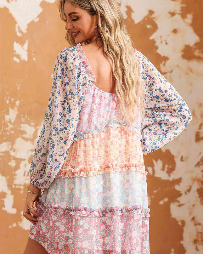 Floral Color Block Frill Trim Dress