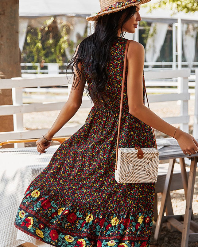 Floral Print Bohemian Style V-neck Sleeveless Midi Dress