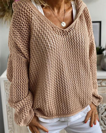 Openwork Hooded Long Sleeve Sweater
