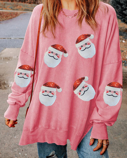 Sequin Santa Round Neck Slit Sweatshirt