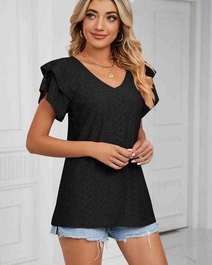 Eyelet Layered Flutter Sleeve V-Neck Knit Top