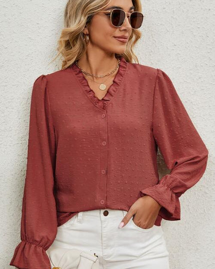 Button Up Flounce Sleeve V-Neck Shirt