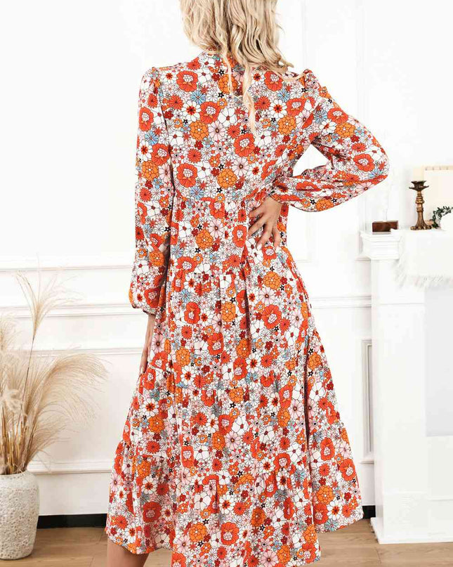 Floral Notched Neck Long Sleeve Dress