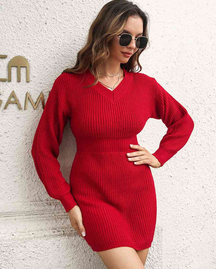 Rib-Knit V-Neck Sweater Dress