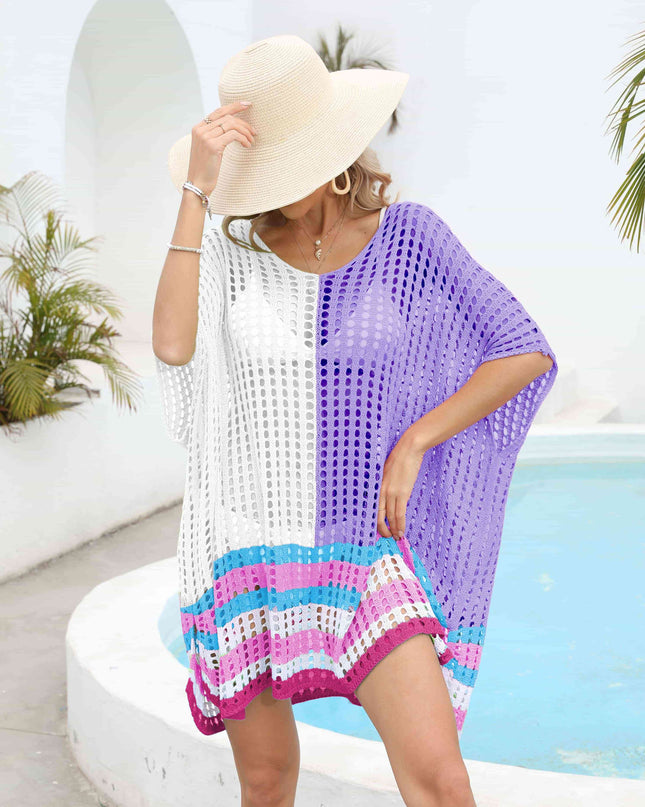 Contrast Scoop Neck Openwork Half Sleeve Cover Up