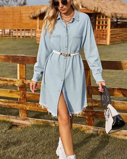 Button Up Collared Neck Raw Hem Denim Dress