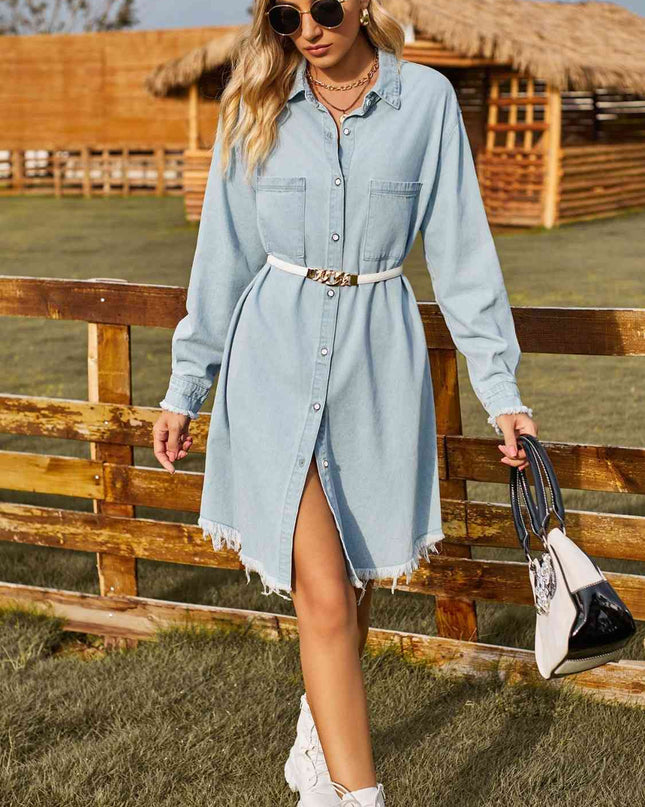 Button Up Collared Neck Raw Hem Denim Dress