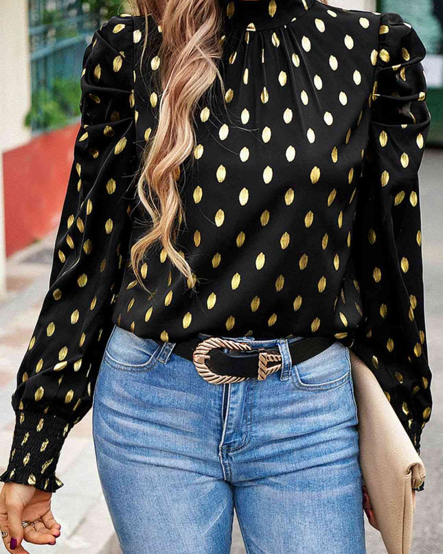 Printed Mock Neck Lantern Sleeve Blouse