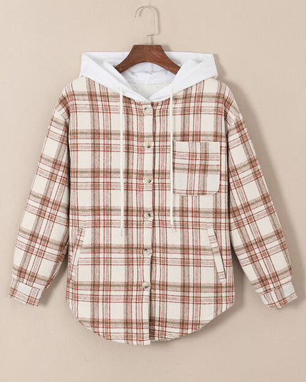 Plaid Drawstring Button Up Long Sleeve Hooded Jacket