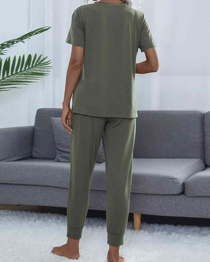 Round Neck Short Sleeve Top and Pants Set