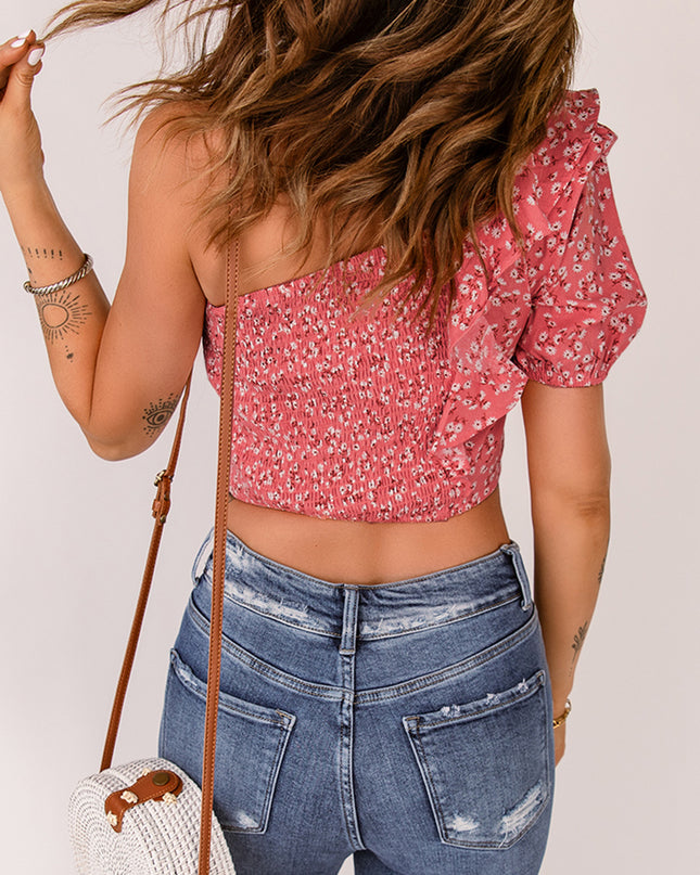 Ditsy Floral Ruffled One-Shoulder Smocked Top