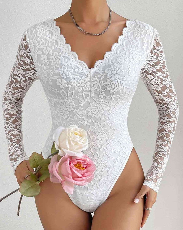V-Neck Long Sleeve Lace Trim Bodysuit