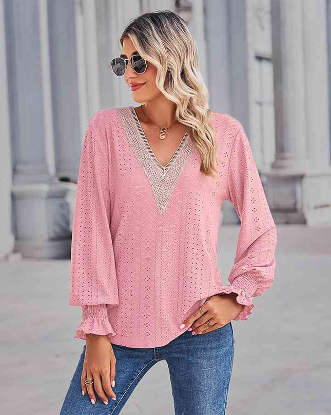 V-Neck Eyelet Flounce Sleeve Blouse