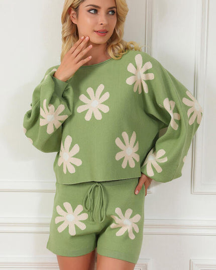 Flower Pattern Long Sleeve Sweater and Drawstring Shorts Set