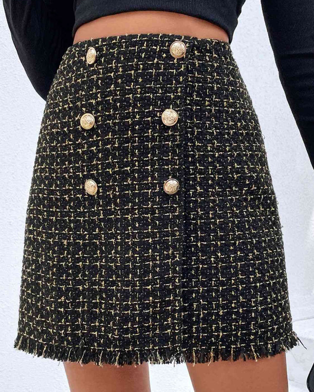 Plaid Double-Breasted Fringe Hem Skirt