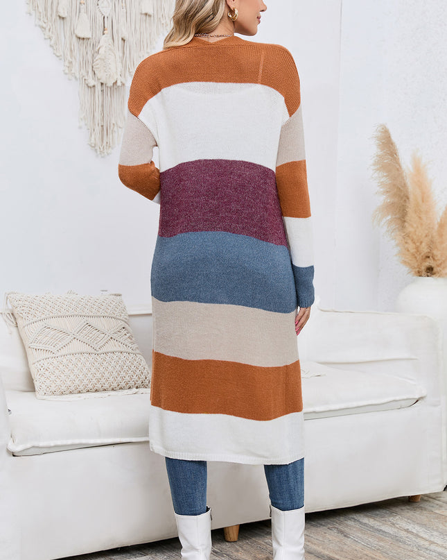 Long Color Block Open Front Pocketed Cardigan