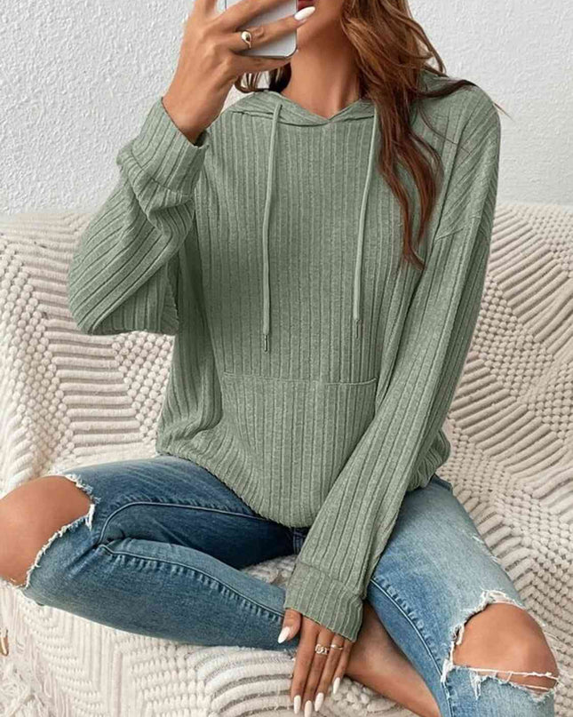 Ribbed Dropped Shoulder Drawstring Hoodie