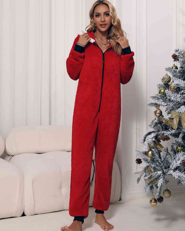 Zip Front Long Sleeve Hooded Teddy Lounge Jumpsuit