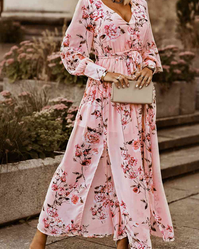 Floral Tie Belt Bishop Sleeve Slit Maxi Dress